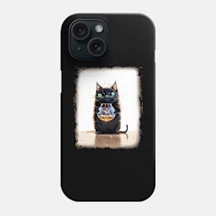 Black Cat Holding a Goldfish in a Fish Bowl Phone Case