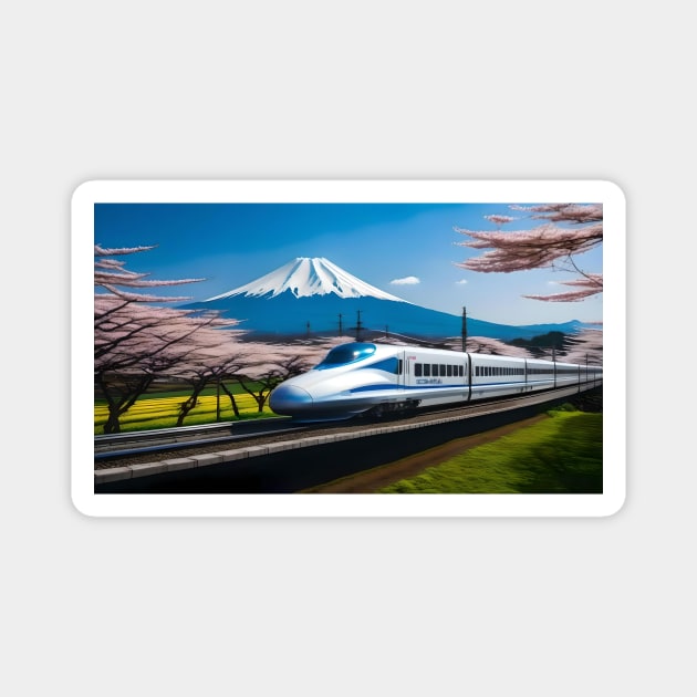 Shinkansen Bullet Train With Mt Fiji Digital Drawing Magnet by IainDesigns