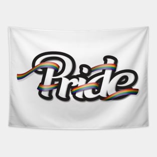 LGBT rainbow flag colored ribbon wrapped around the letters of the word PRIDE Tapestry