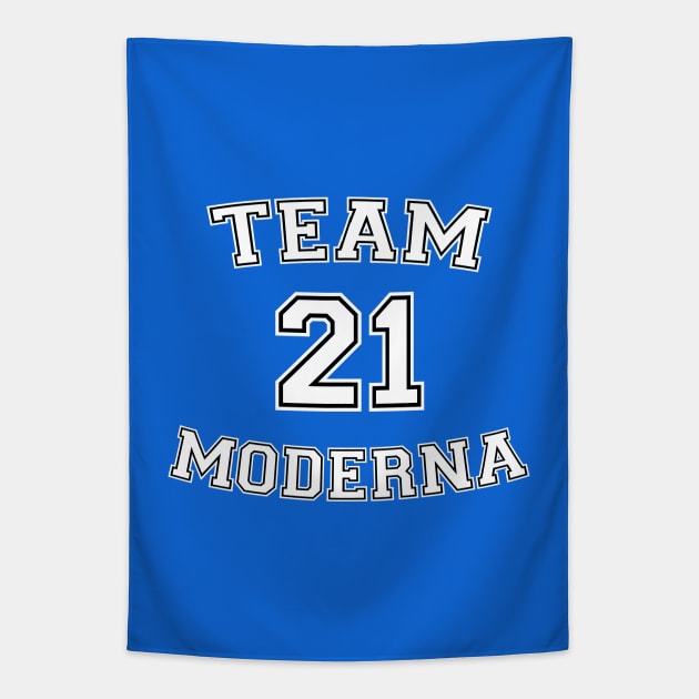 Vaccine pride: Team Moderna (white college jersey typeface with black outline) Tapestry by Ofeefee