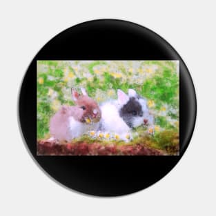 Springtime Bunnies Impressionist Painting Pin