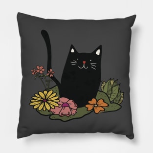 Cute Black Cat in Garden Pillow