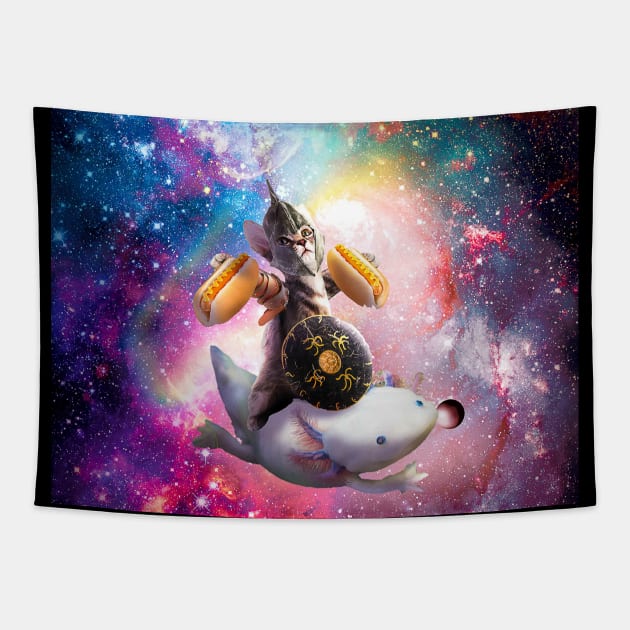 Warrior Space Cat Riding Axolotl - Hotdog Tapestry by Random Galaxy