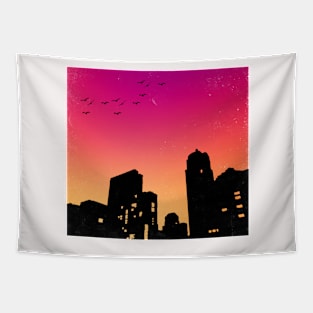 Colorful Sky w/ Birds and Buildings Silhouette Tapestry