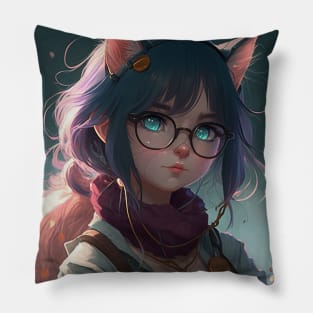 Realistic illustration of woman cat with green eyes in anime style Pillow