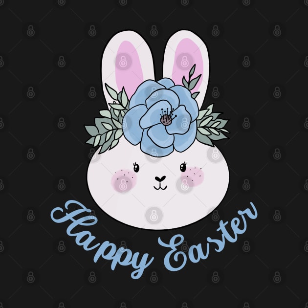 Happy easter cute easter bunny wearing a blue flower crown by Yarafantasyart