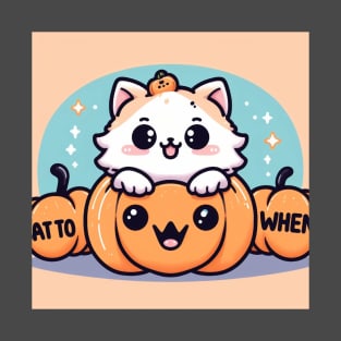 Cute kawaii cat halloweeen design - happy in a pumpkin cartoon T-Shirt