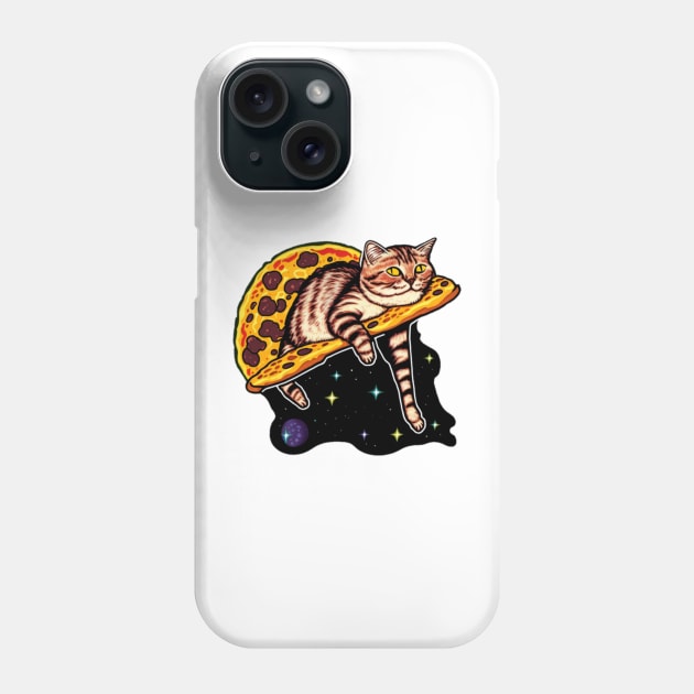 Tired cat riding a slice of pizza in space Phone Case by Zachariya420