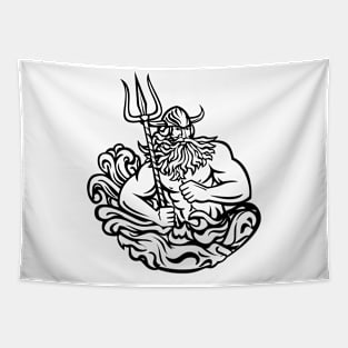 Aegir Hler or Gymir God of Sea in Norse Mythology with Trident and Waves Mascot Black and White Retro Tapestry