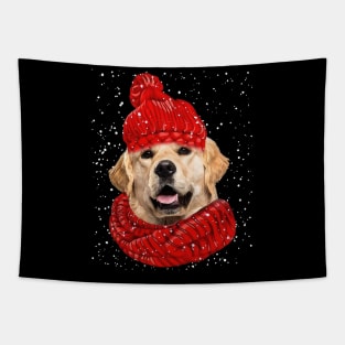 Golden Retriever Wearing Red Hat And Scarf Christmas Tapestry