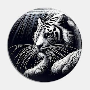 Monochromatic Outline Tiger Swimming in Water Portrait Pin