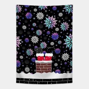 Here Comes Funny Santa Claus Down The Chimney Tapestry