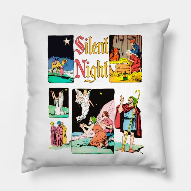 Christmas manger with the angel Gabriel, mother Mary, father Joseph and the child God Jesus Retro Comic Vintage Pillow by REVISTANGO