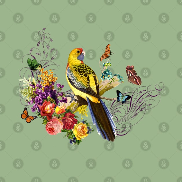 Yellow Parrot standing on tree with butterflies roses French ornaments by LizzyizzyDesign