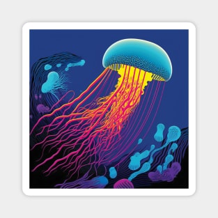 Blue, Pink and Yellow Jellyfish Swimming Underwater in the Ocean Magnet