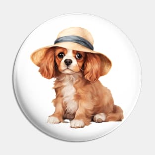 Watercolor Cavalier King Charles Spaniel Dog in Straw Hat Pin