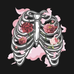 Pink flowers ribcage, spooky Halloween design T-Shirt