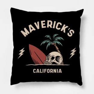 Vintage Surfing Mavericks Beach California // Retro Surf Skull Pillow