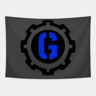 Red Letter C in a Black Industrial Cog Tapestry