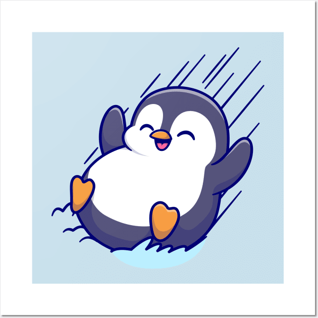 Cute Penguin Sliding On Ice Cartoon