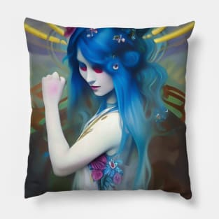 Cool Trippy Hippie Girl with Blue Hair Dancing Japanese Geisha Pillow