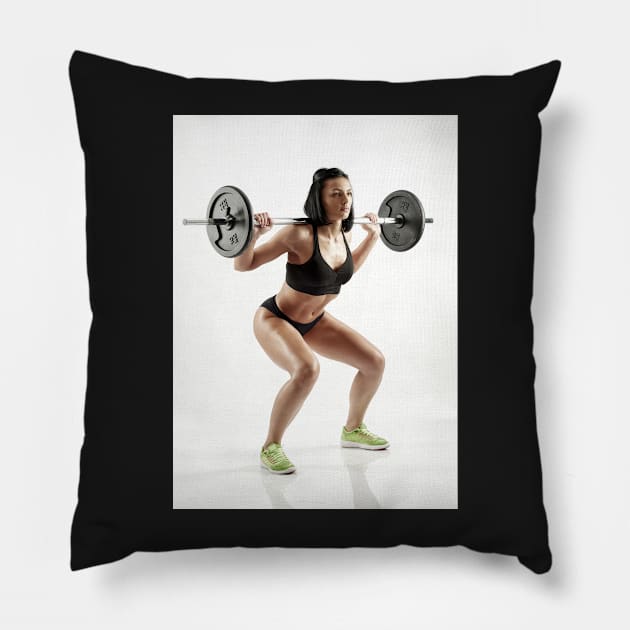 Young woman doing barbell squats Pillow by naturalis