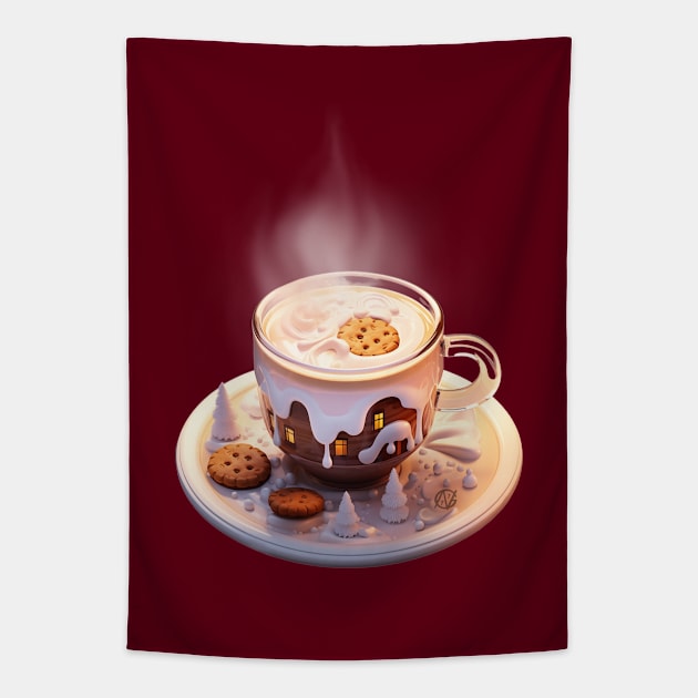 Cappuccino cup Winter Wonderland with wooden cabin surreal style Tapestry by Violet77 Studio