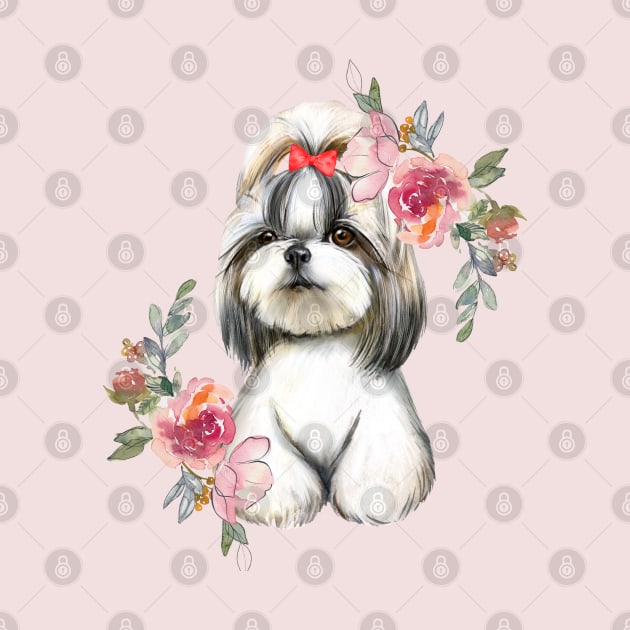 Cute Shih Tzu Puppy Dog with Flowers Watercolor Art by AdrianaHolmesArt