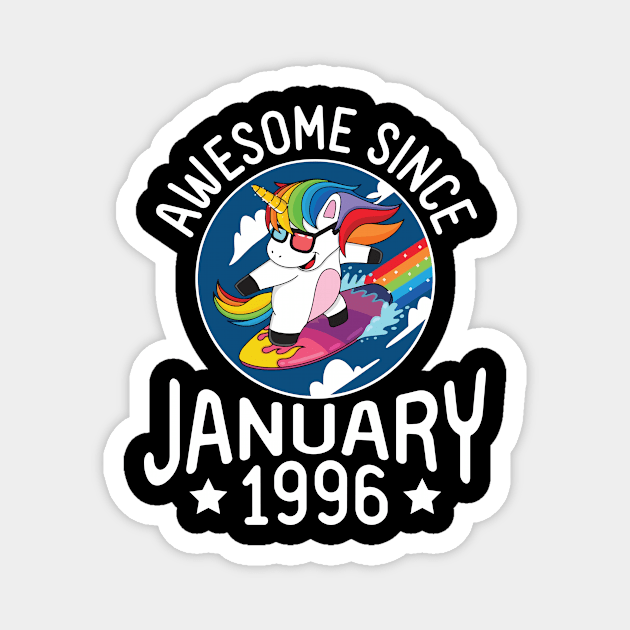 Happy Birthday 25 Years Old To Me Dad Mom Son Daughter Unicorn Surfing Awesome Since January 1996 Magnet by DainaMotteut