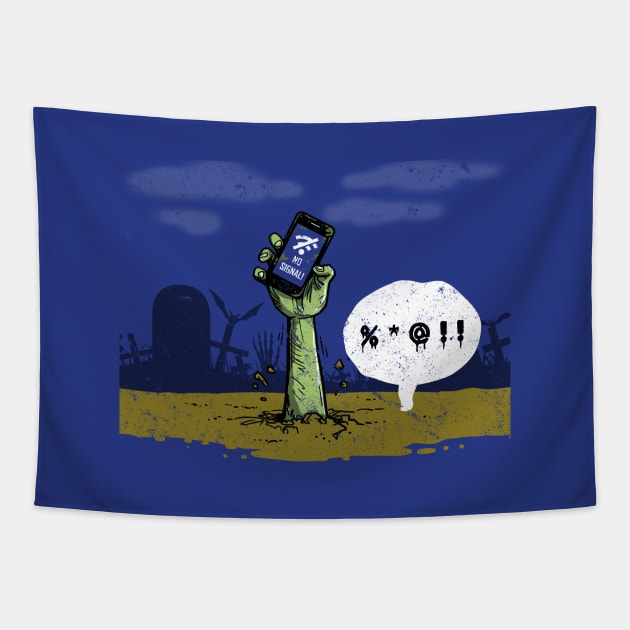 Funny Zombie Holding Phone No Internet Grave Funny Horror Cartoon Tapestry by BoggsNicolas