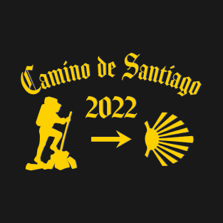Camino de Santiago de Compostela male pilgrim 2022 with Yellow Arrow Scallop Shell T-Shirt