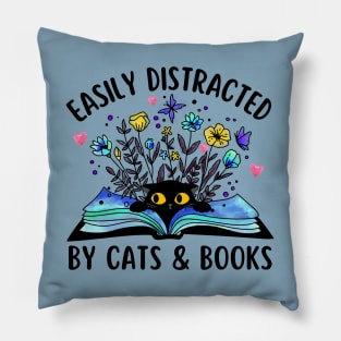 Easily Distracted by Cats and Books Pillow