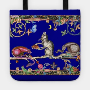 WEIRD MEDIEVAL BESTIARY THREE HUNTER CATS AND MOUSE IN BLUE NIGHT Tote