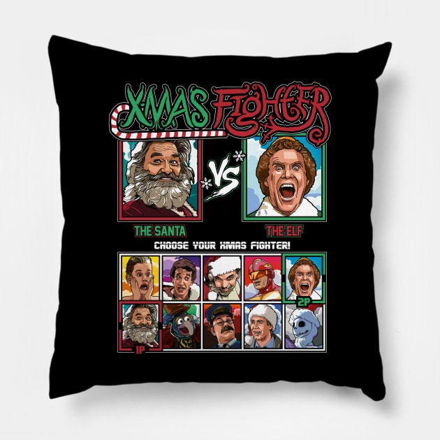 Xmas Fighter - Santa vs Elf Pillow by RetroReview