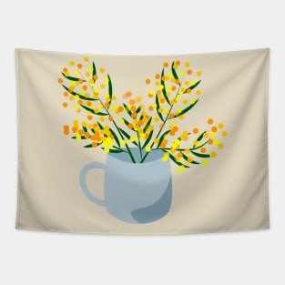 Mug and flower bouquet made of mimosa branches Tapestry