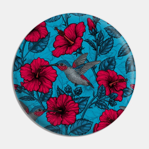 Red hibiscus and hummingbirds, tropical garden on light blue Pin by katerinamk