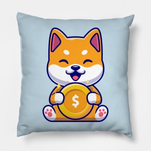 Cute Shiba Inu Holding Gold Coin Cartoon Pillow