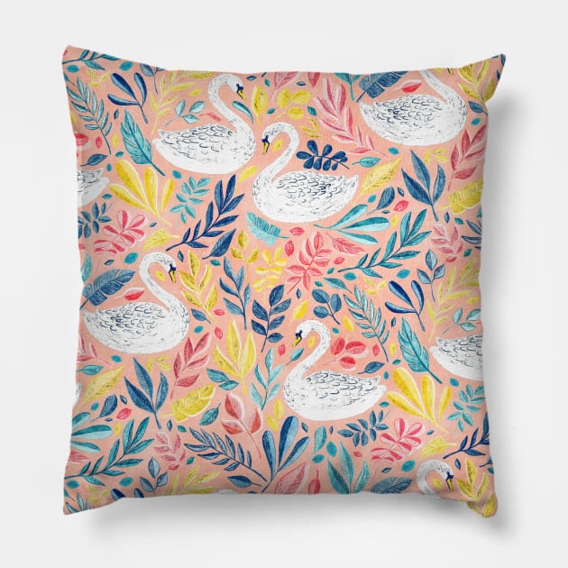 Whimsical White Swans with Lots of Leaves on Peach Pink Pillow by micklyn