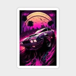 80s Car In Pursuit In Front Of A City And Synthwave Sun Magnet