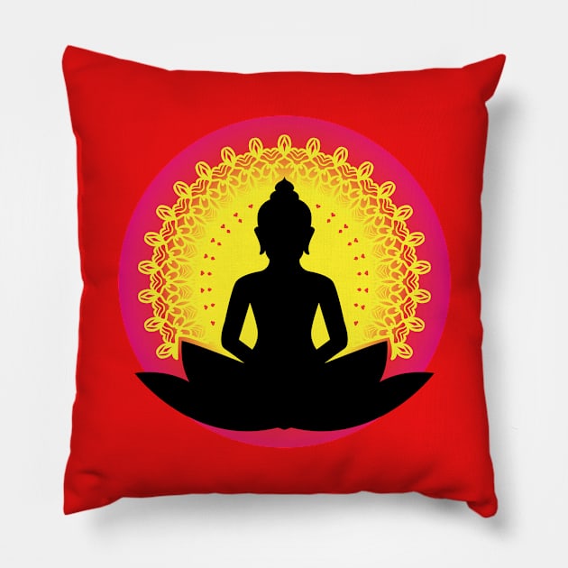 Peaceful Meditating Buddha Silhouette - The Enlightened Soul Mandala Print Design GC-092-14 Pillow by GraphicCharms