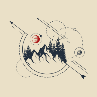 Abstract Forest Mountains, Red Moon, Black Design T-Shirt