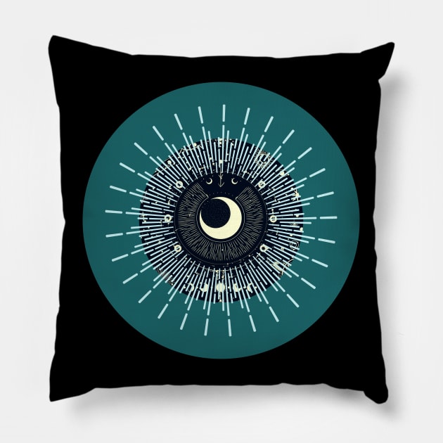 Halloween Cresent Moon, Celestial Symbols, Portents, Omens, Signs, and Fortunes - Teal and Black Variation Pillow by SwagOMart