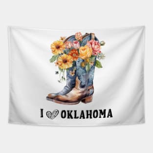 I Love Oklahoma Boho Vintage Cowboy Boots with Flowers Tapestry