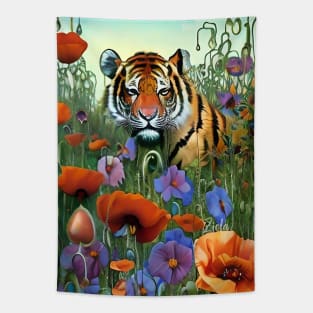 Cool tiger in a field of wildflowers and poppies - Exotic Tiger Tapestry