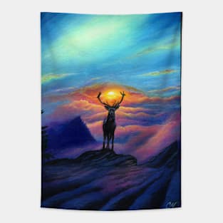 Deer at Dawn - Acrylic Painting of a Magical Sunrise Tapestry