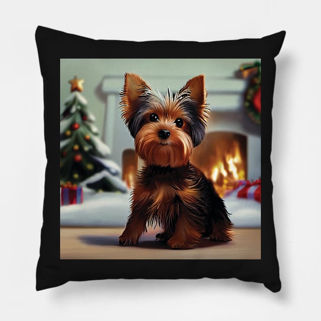 Cute Yorkshire Terrier Puppy by the Christmas Fireside Pillow by Geminiartstudio