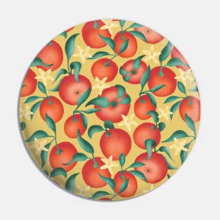 Oranges with leaves and flowers  - yellow background Pin