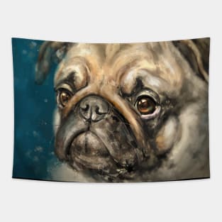 Expressive painting of a Pug on a dark blue background Tapestry