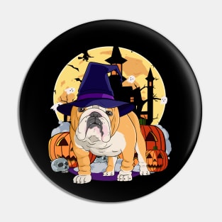 English Bulldog Happy Halloween Witch Pumpkin Pin