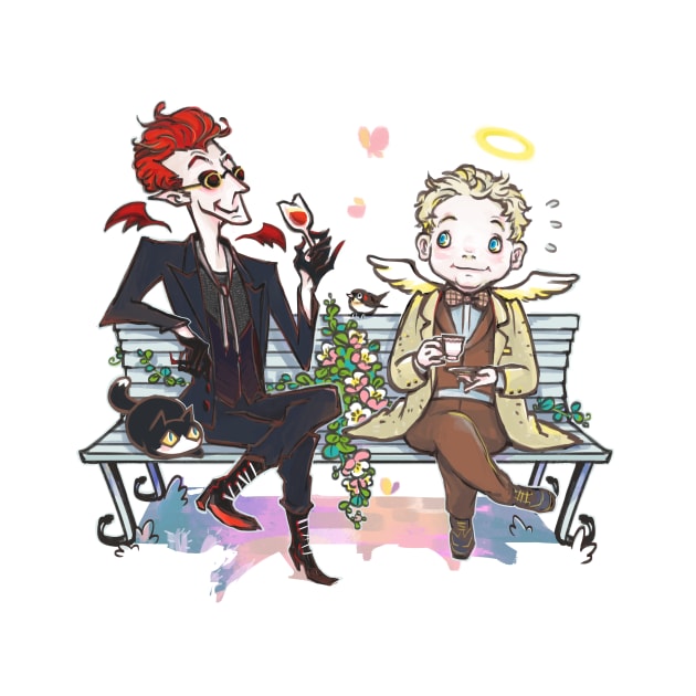 Crowley and Aziraphale sitting on a bench by foosweechin